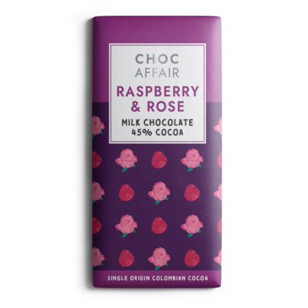 Raspberry & Rose flavour infused milk chocolate bar by Choc Affair
