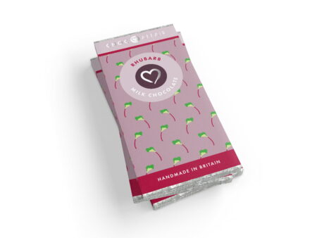 A stack of rhubarb flavour milk chocolate bars on a white background