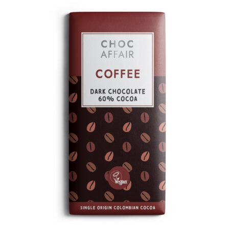Choc Affair Coffee dark chocolate bar, 90g, vegan, Vegan Society registered, crafted in York with sustainably sourced cocoa, palm oil free