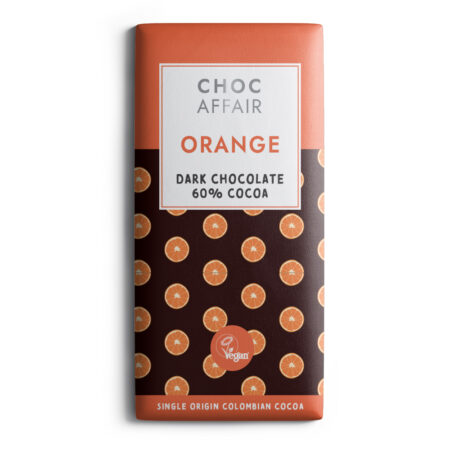 Choc Affair Orange dark chocolate bar, 90g, vegan, Vegan Society registered, crafted in York with natural orange flavour, palm oil free