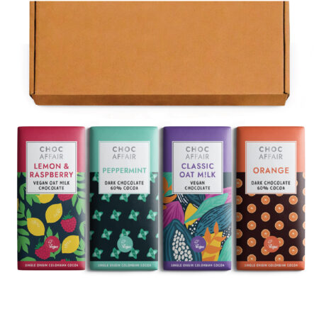 A letterbox selection of vegan registered chocolate bars by Choc Affair