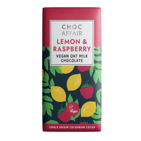 Lemon & raspberry oat m!lk chocolate bar on white background - Choc Affair