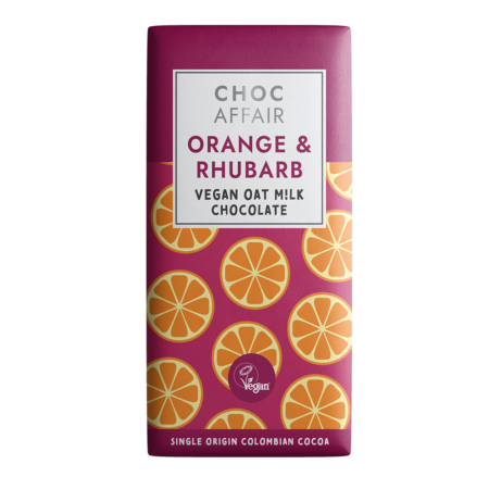 Orange & rhubarb oat m!lk chocolate bar on white background- Choc Affair