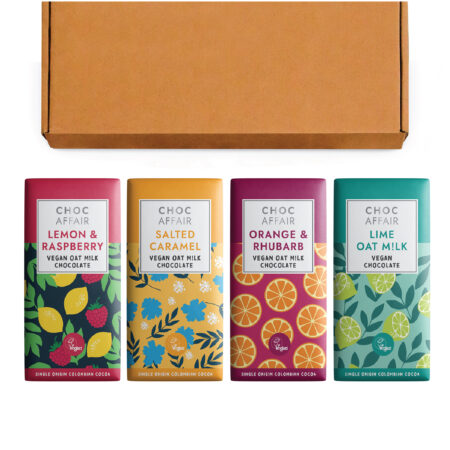 Oat milk chocolate bars. The bars flavours include classic oat milk, salted caramel, lemon & raspberry and orange & rhubarb